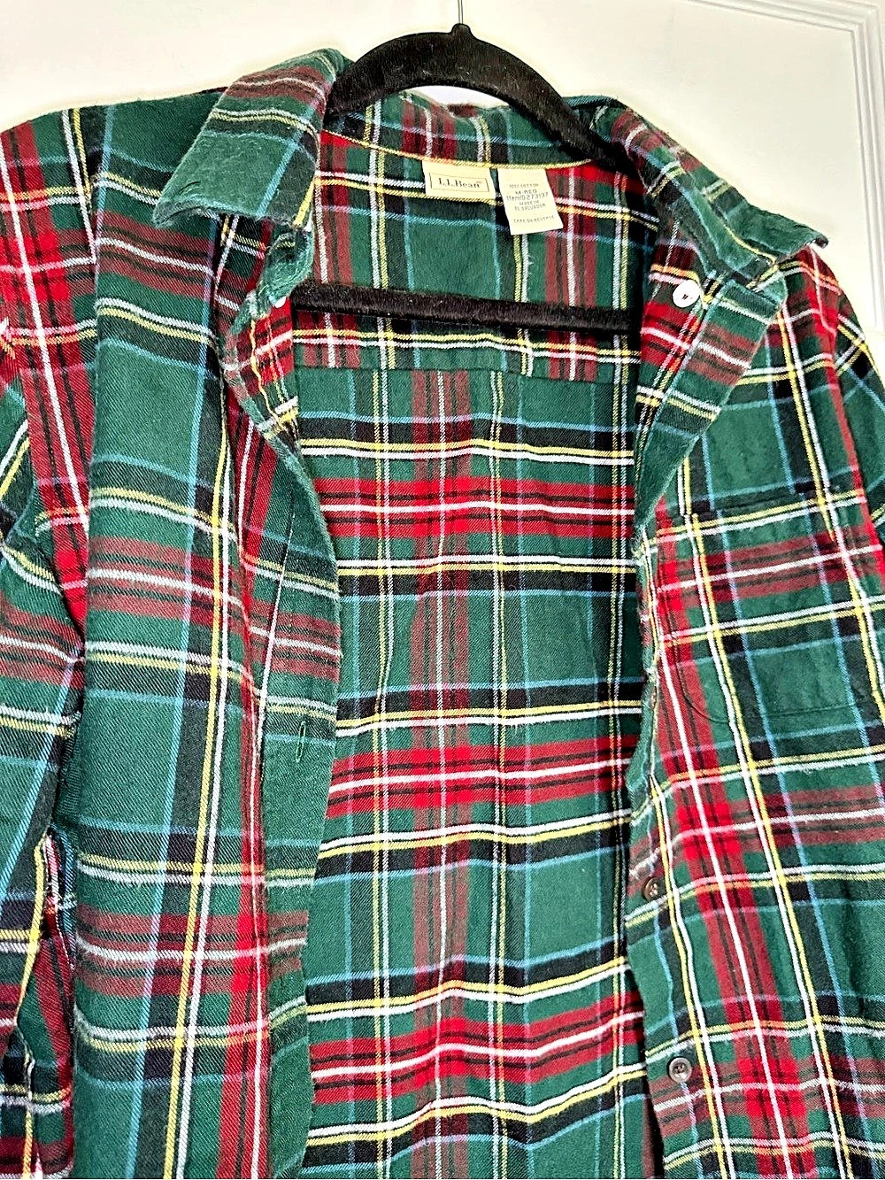 L.L.Bean Men's Scotch Plaid Cotton Flannel Shirt Tartan Green & Red Size Medium - Picture 5 of 15